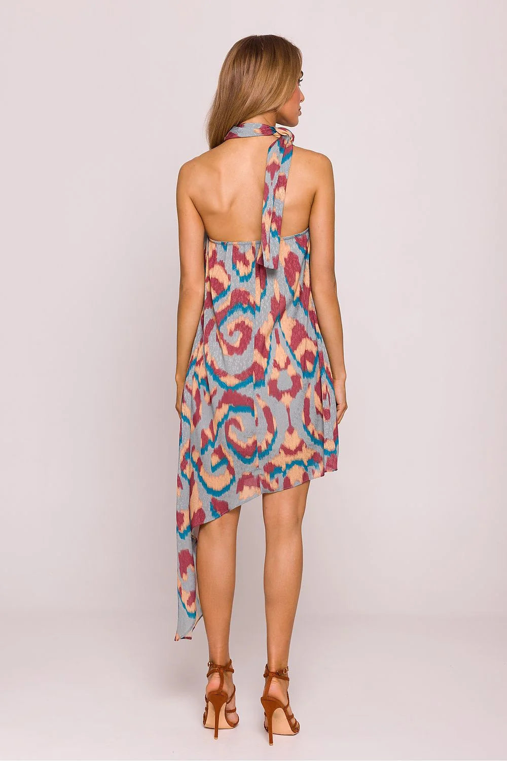 Robe de jour Moe asymétrique multicolore tissu jacquard légère sans manches col montant noué femme été soirée