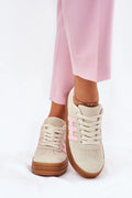 Chaussures de sport pour femmes en suède écologique design moderne beige accents roses confortables plateforme amorti
