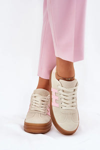 Chaussures de sport pour femmes en suède écologique design moderne beige accents roses confortables plateforme amorti