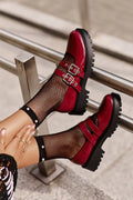 Chaussures Derby Femme Cuir Verni Artificiel Bordeaux Style Élégant et Moderne Fermeture à Boucles Argentées Semelle Caoutchouc Épaisse
