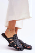Sandales femme élégance style moderne cuir artificiel talon plat anti-dérapant chaîne dorée noire ouverture toe