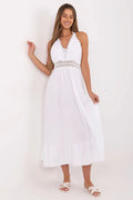 robe été boho chic longue midi sans manches col V profond crochet blanc bretelles fines dos nu