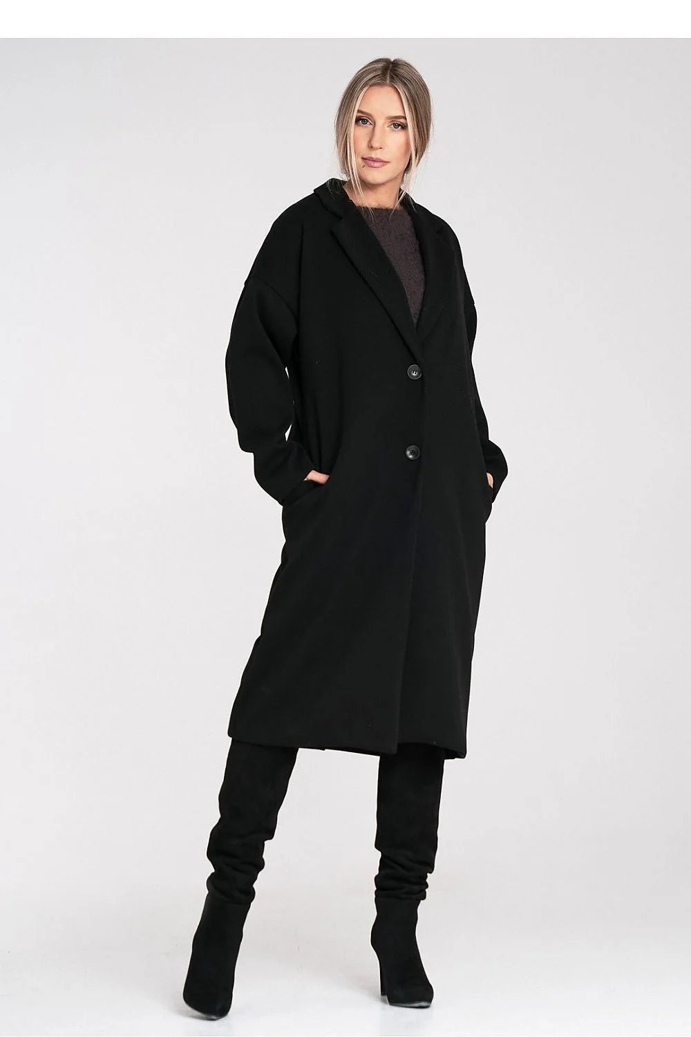 manteau long noir oversize femme coupe droite mi longue col tailleur manches tombantes fermeture deux boutons tissu épais