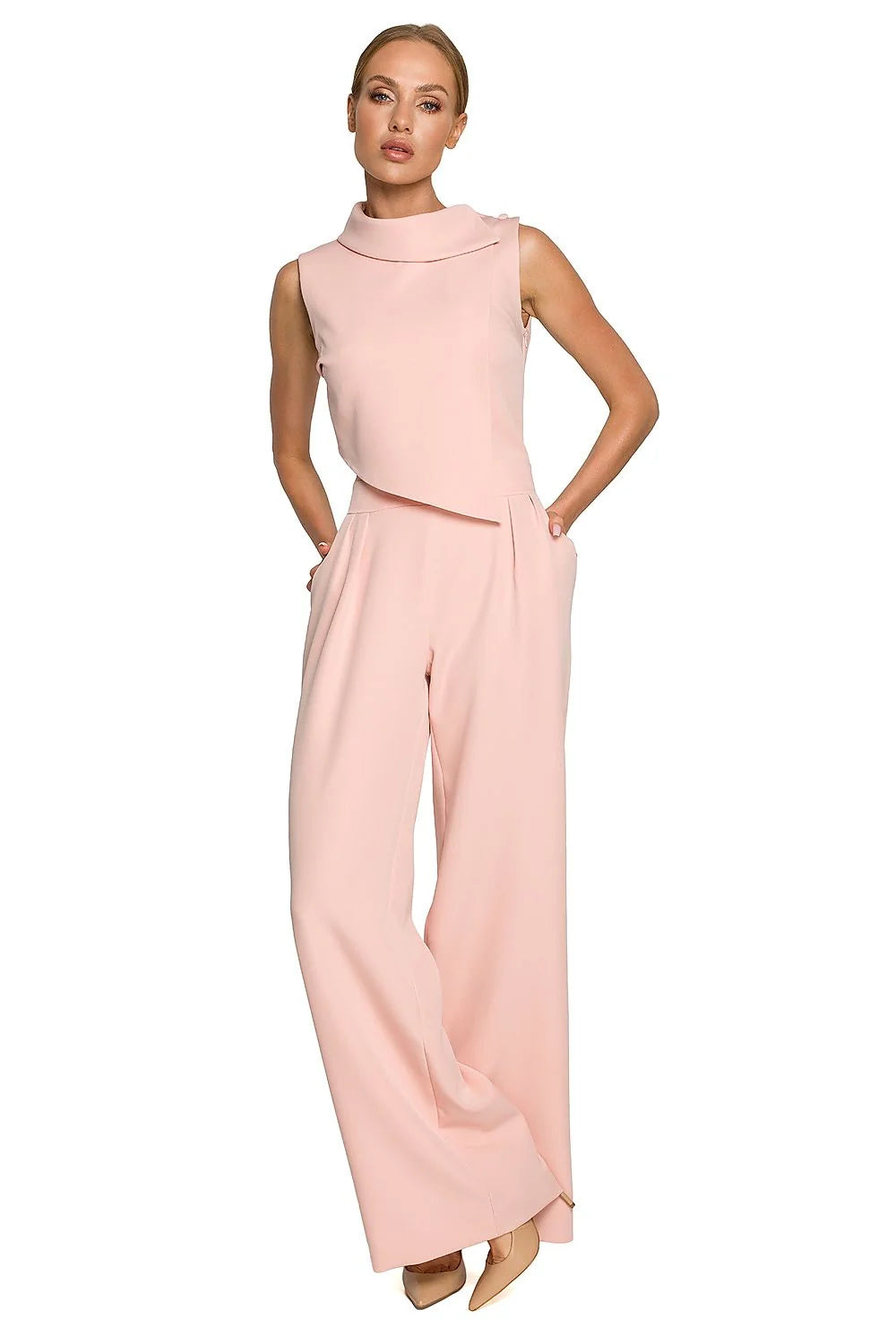 Combinaison Moe sans manches col montant asymétrique jambes larges polyester elasthanne rose pâle occasion formelle
