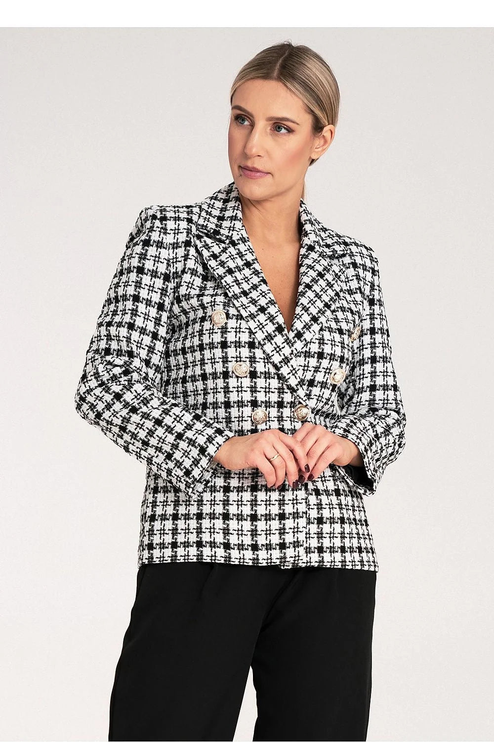 Veste blazer femme carreaux élégant professionnelle double boutonnage tissu jacquard coton polyester taille ajustable