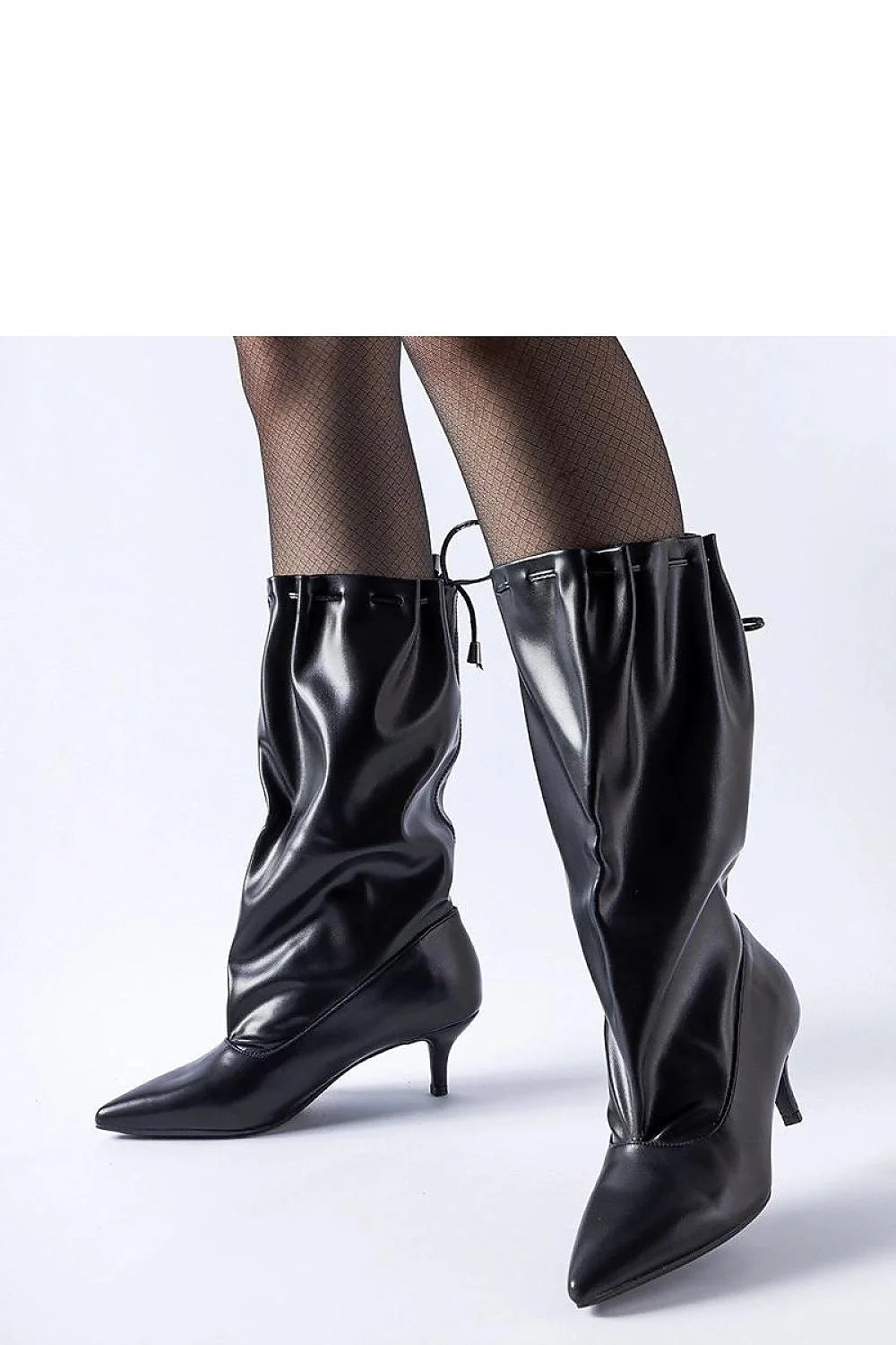 bottes mi mollet femme similicuir verni noir bout pointu talon stiletto fin confortable tige plissée froncée cordon serrage arrière sophistiquée