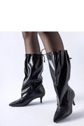 bottes mi mollet femme similicuir verni noir bout pointu talon stiletto fin confortable tige plissée froncée cordon serrage arrière sophistiquée