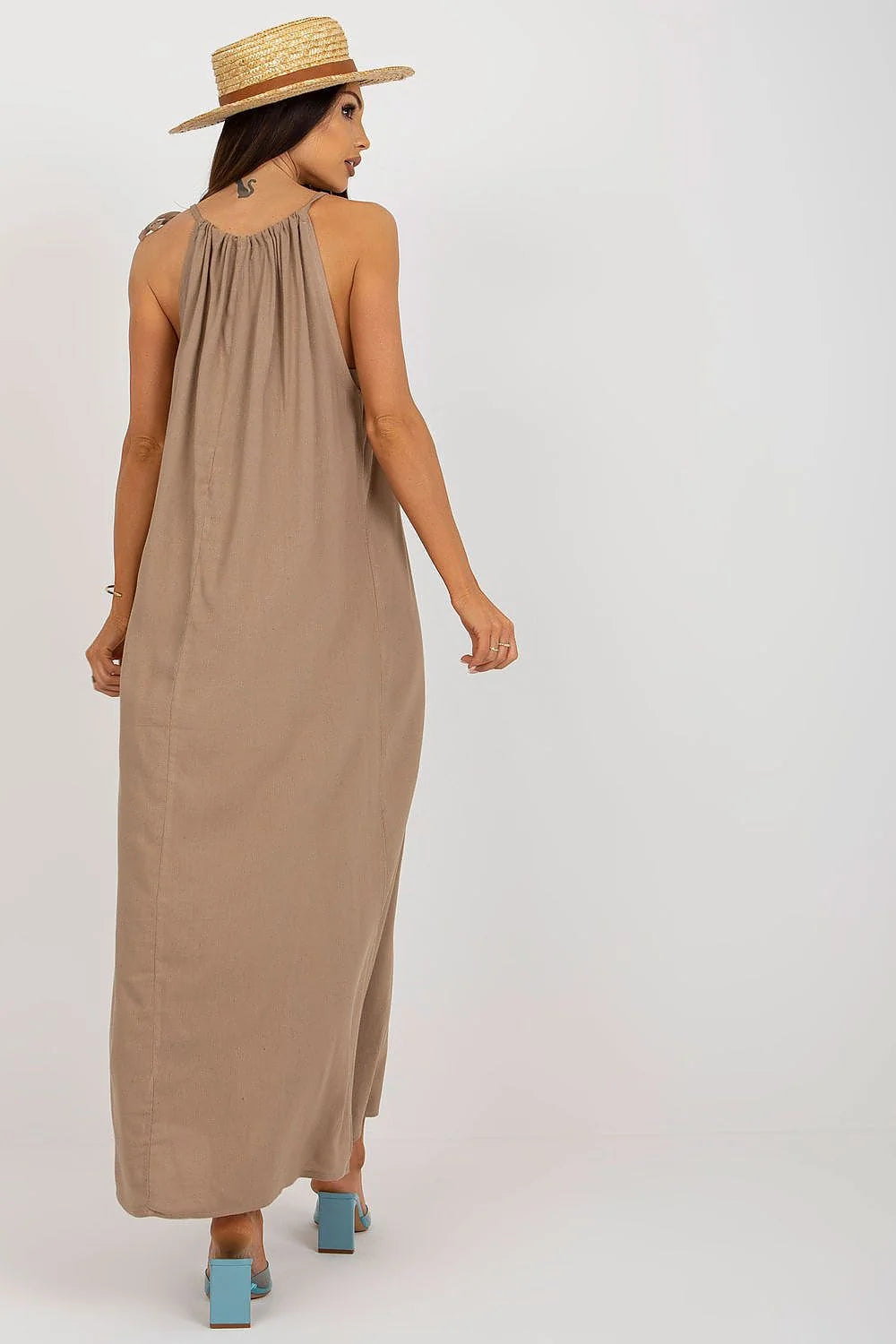Robe de jour Och Bella longue sans manches bretelles nouées coton lin viscose beige décontractée bohème été femmes