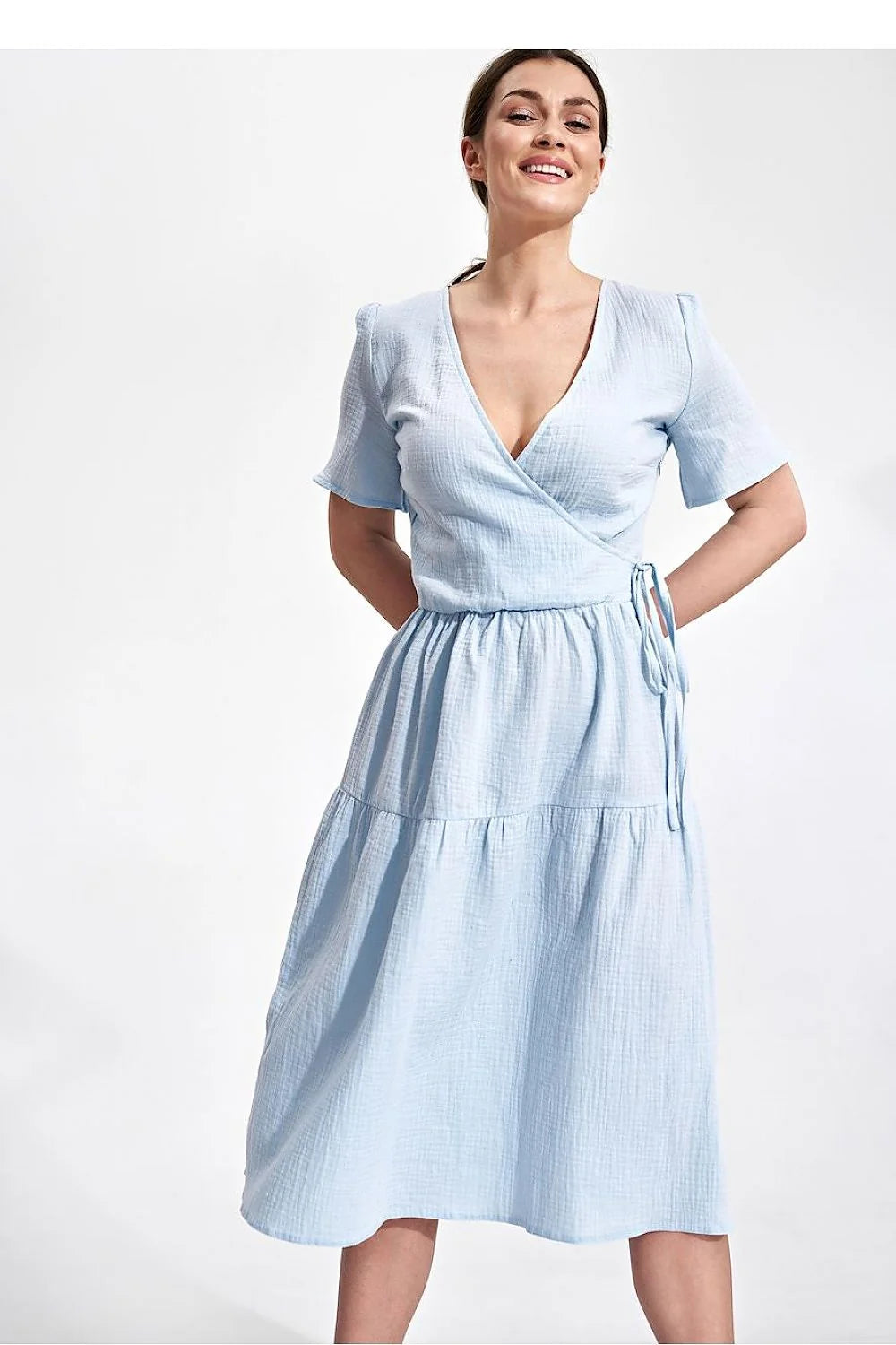 Robe de jour élégante été manches courtes encolure enveloppante coton 100 % taille ajustable femme