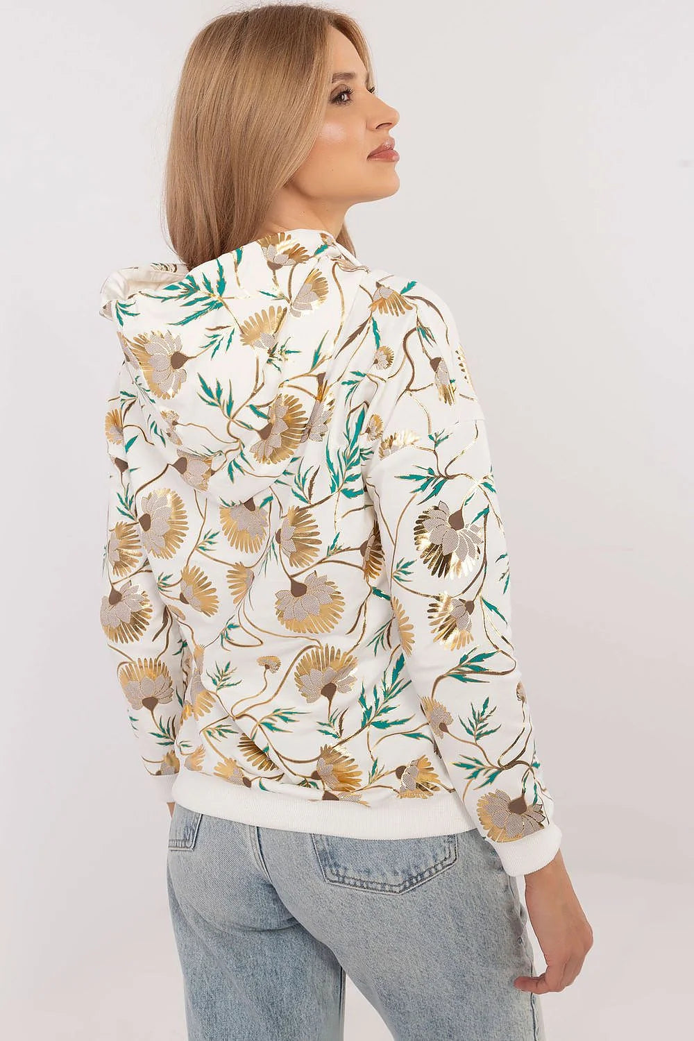 Sweatshirt à capuche floral femme coton polyester design moderne style élégant motifs dorés marron vert longueur standard manches longues