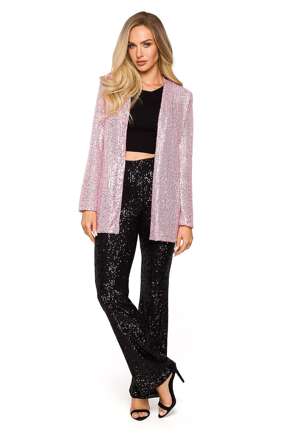 Veste de fête scintillante argentée longue élégante pour femme, style moderne chic coupe droite sequins brillants polyester 100 %