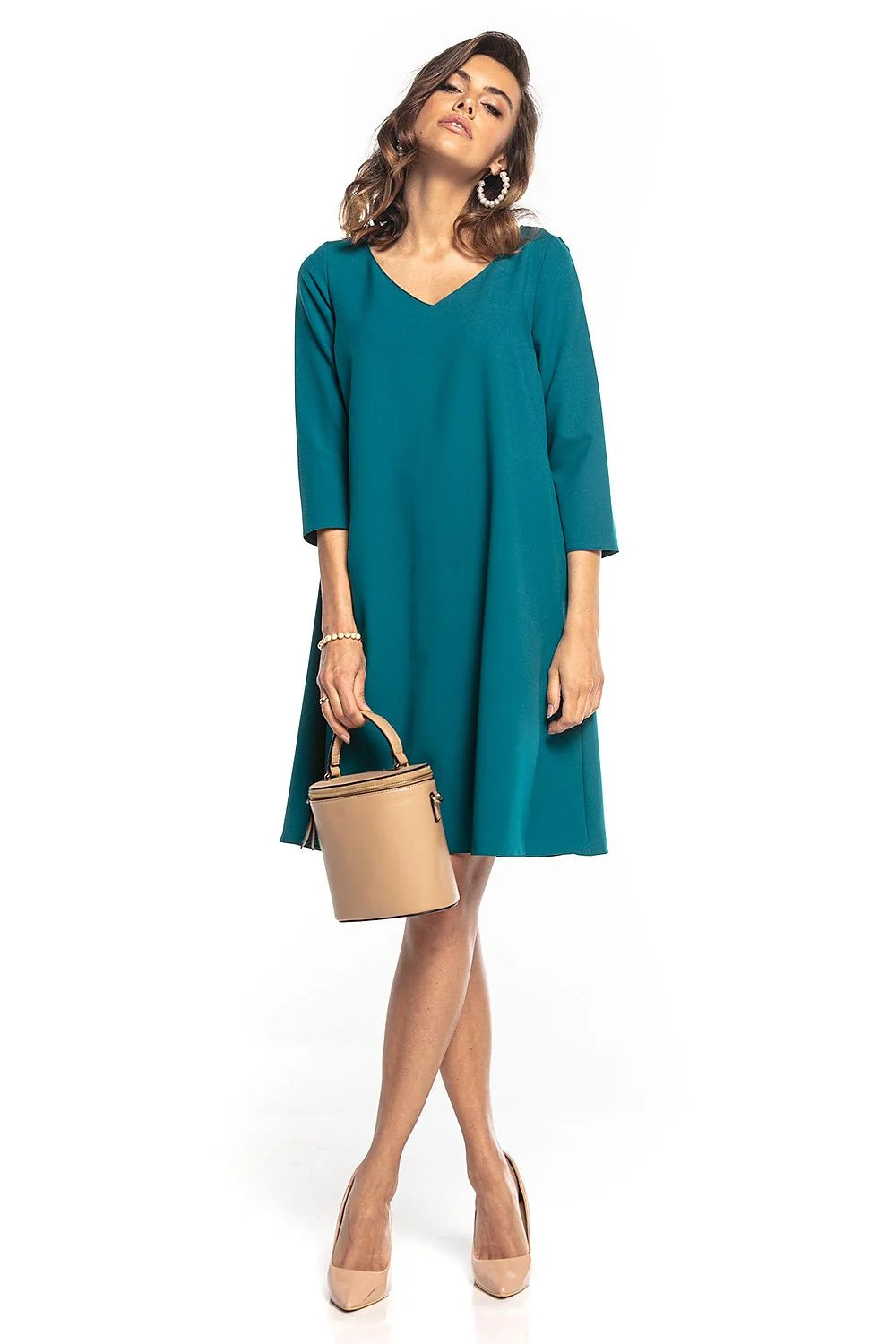 Robe fluide élégante encolure V manches 3/4 ceinture ajustable teal sophistiquée femme moderne