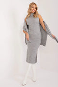 ensemble Badu robe maille côtelée col montant châle assorti sans manches midi gris chiné ajustée fente latérale extensible chic sophistiqué