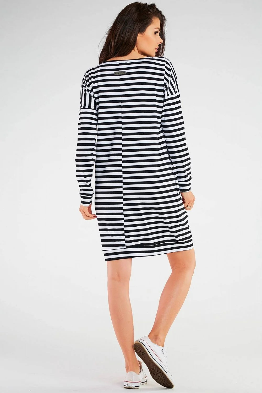 Robe de jour décontractée rayures horizontales manches longues épaules dénudées coton lycra taille ajustable femme