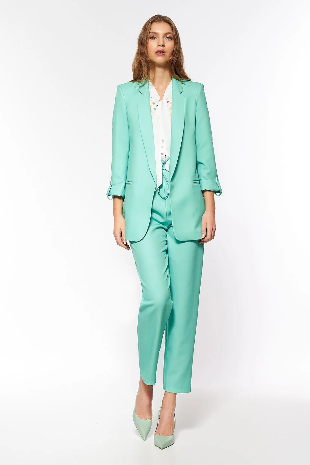 Ensemble de mode féminine aqua tailleur blazer blouse chemisier polka dot hauts bas trousers高腰