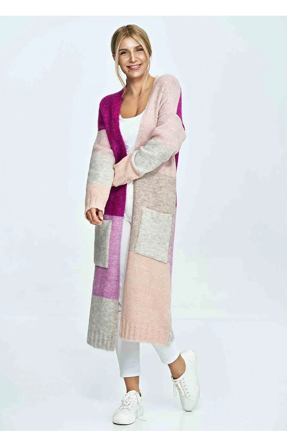 Cardigan long multicolore patchwork soft touch épais manches longues col V 2 poches patch uni femmes