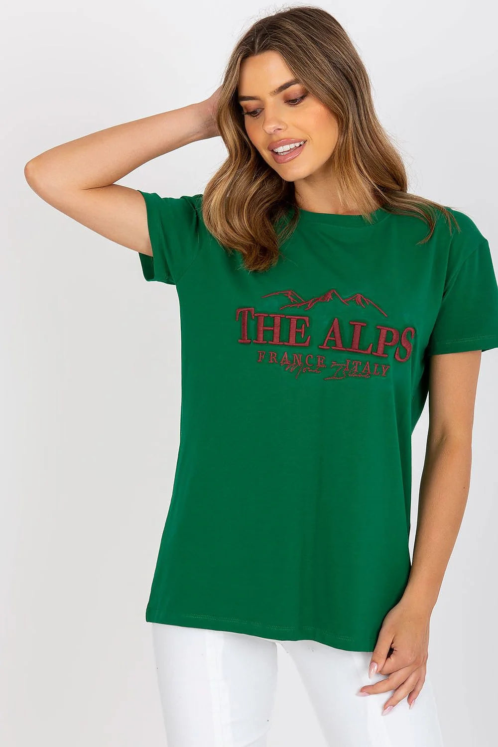 T-shirt Fancy pour femme vert profond imprimé THE ALPS France Italy montagnes graphique manches courtes col rond coton élasthanne
