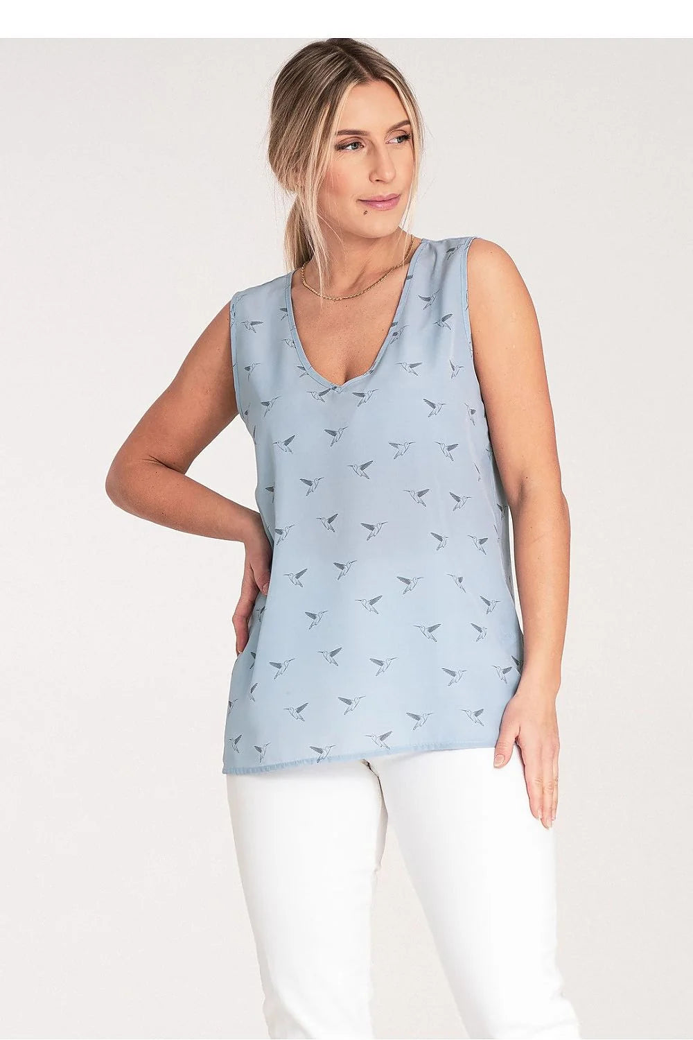 Chemisier sans manches féminin en polyester chemisier Figl style chic décontracté couleur bleu clair motif oiseaux taille S M L XL