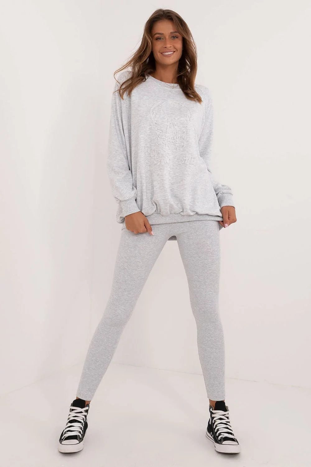 Ensemble décontracté pour femme en coton élasthanne, sweat-shirt motif relief, legging taille haute, look moderne