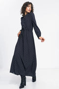 Robe longue élégante style classique pois blanc sur noir manches longues coupe fluide taille ajustable femme