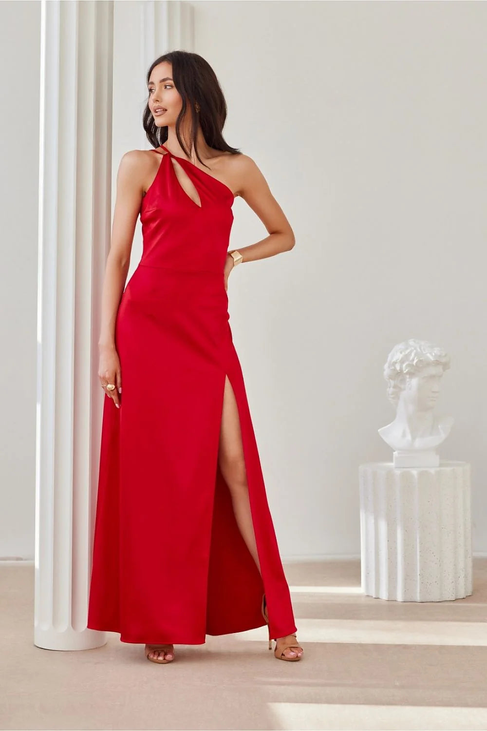 Robe longue asymétrique une épaule satinée rouge vif occasion spéciale femme sans doublure fermeture éclair taille ajustable soirée mariage gala