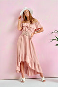 Robe asymétrique bohème chic longue épaules ouvertes rose pastel coton polyester dentelle ruffles ceinture été élégance femme