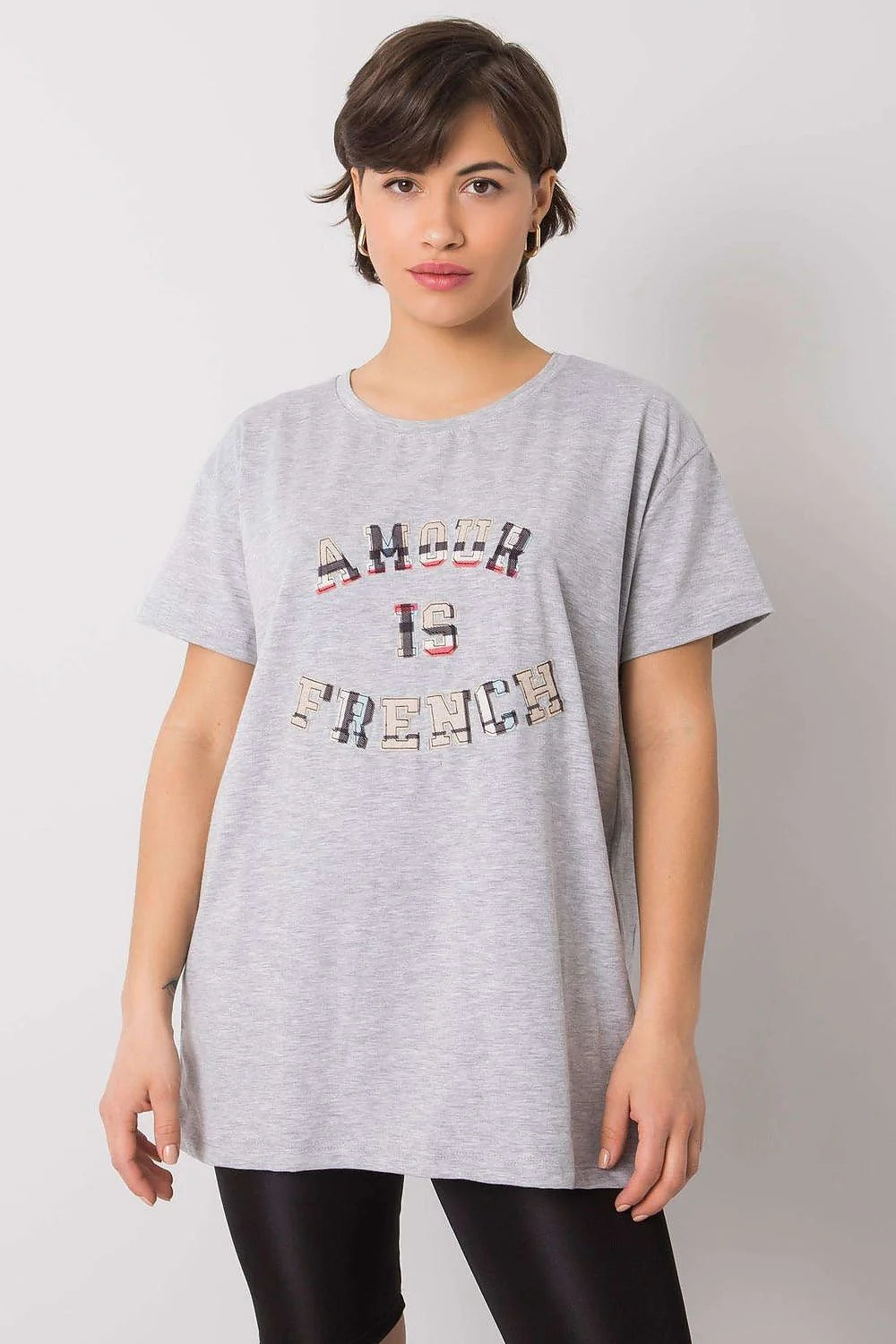 T-shirt Fancy femme décontracté moderne impression textuelle AMOUR IS FRENCH manches courtes encolure ronde coton lycra