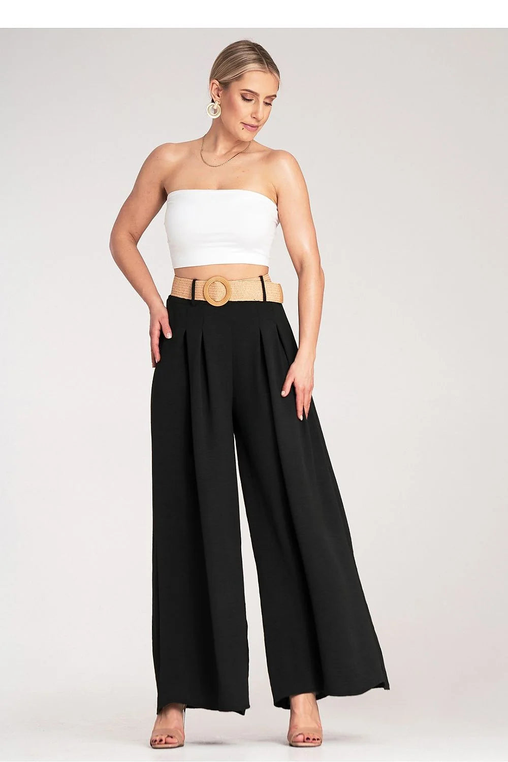Tenue deux pièces femme bandeau blanc pantalon noir large taille haute ceinture tressée polyester coton élasthanne