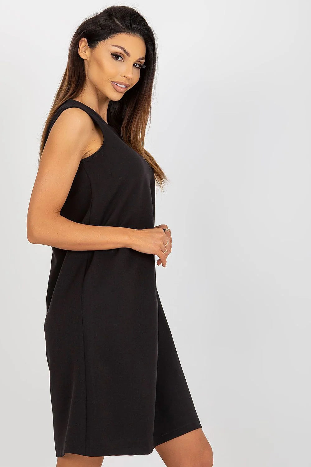 Robe de jour Och Bella noire sans manches en polyester, col rond, coupe évasée genou court, occasion quotidienne et formelle pour femme