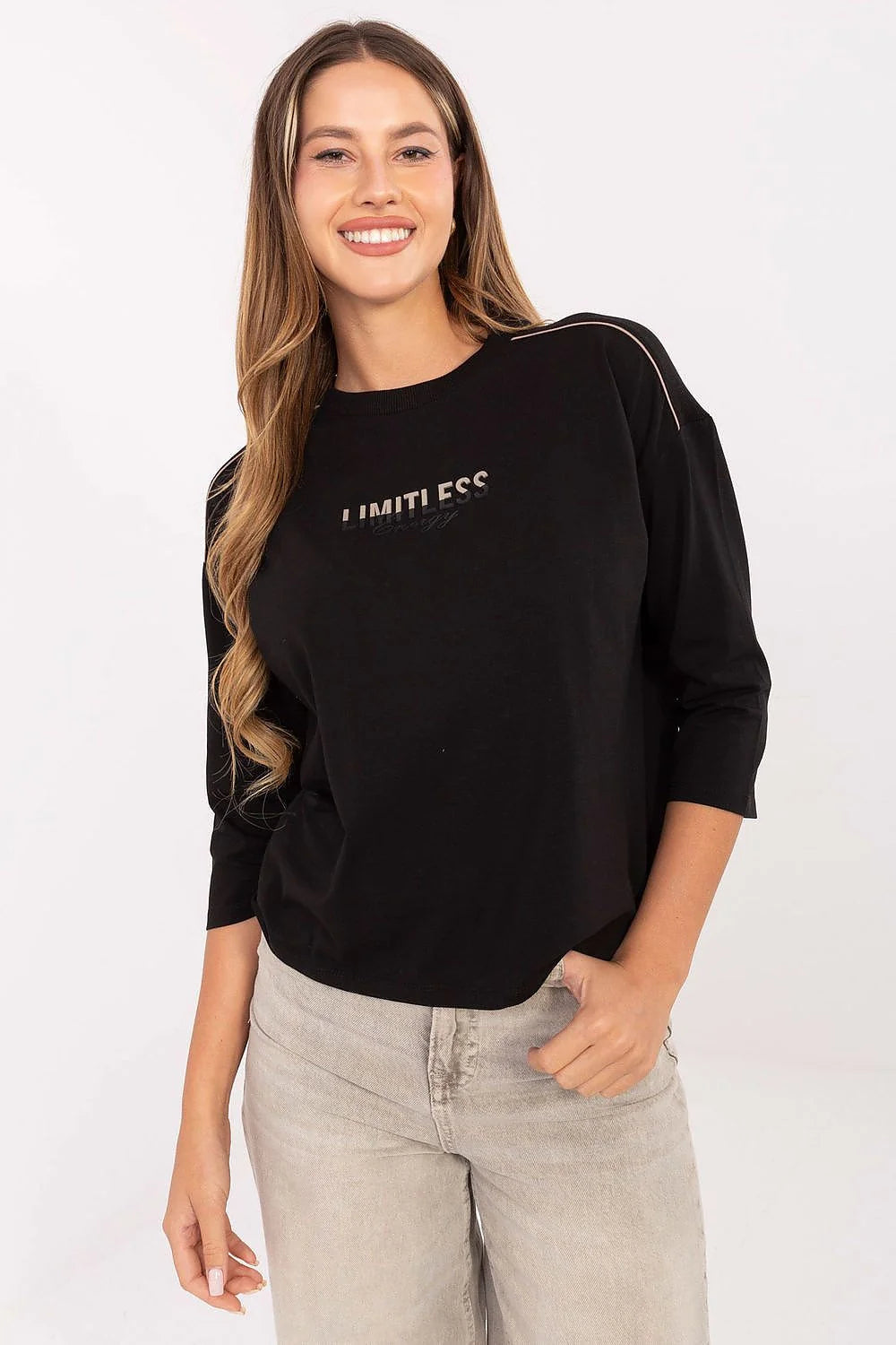 chemisier femme décontracté noir coton stretch manches troisquarts col rond broderie logo métallisé passepoil épaule coupe ample courte