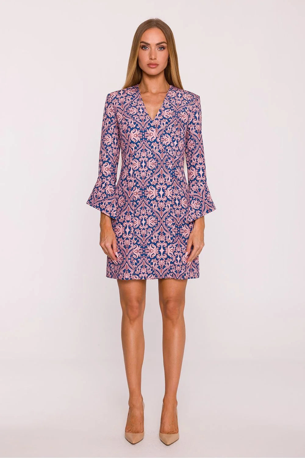 robe courte mini imprimé végétal multicolore baroque damassé rétro chic V manches évasées volants mate coupe cintrée fluide polonaise