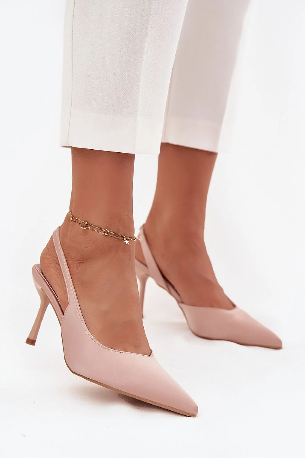 escarpins femme slingback bout pointu talon aiguille 8cm rose poudré tige lisse cuir synthétique bride arrière ouverte élégante