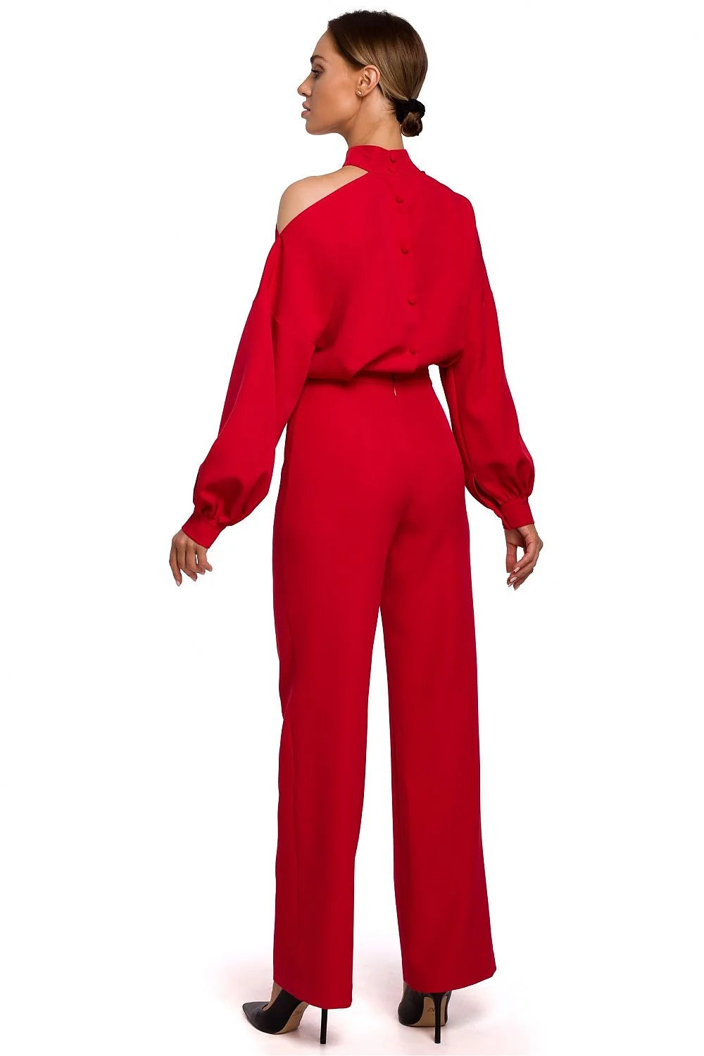 Combinaison pantalon rouge vif polyester femme moderne élégante manches longues épaules dénudées chic
