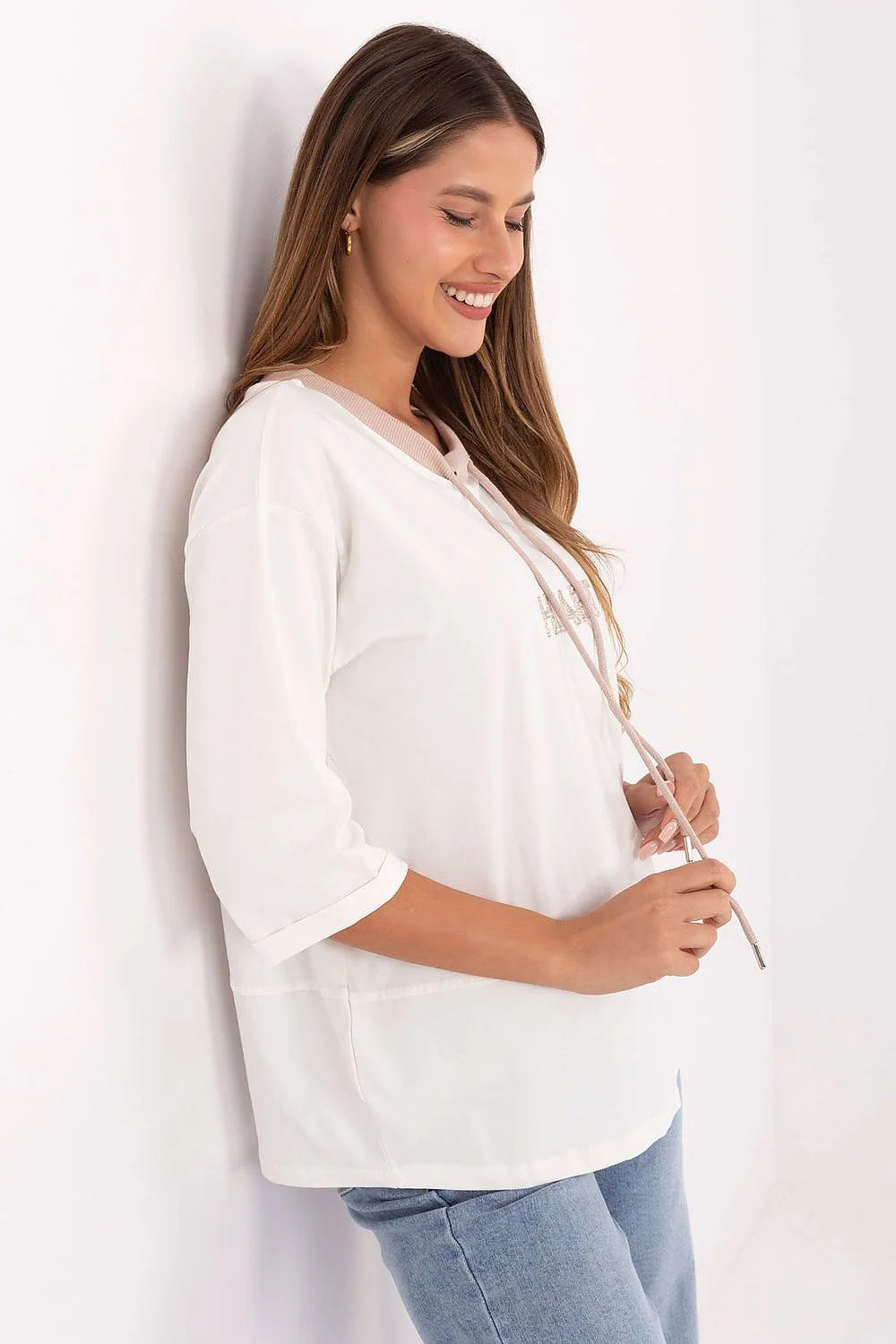 chemisier oversize femme manches troisquarts col rond côtelé écru broderie strassée cordons longs embouts métalliques loose coton élasthanne