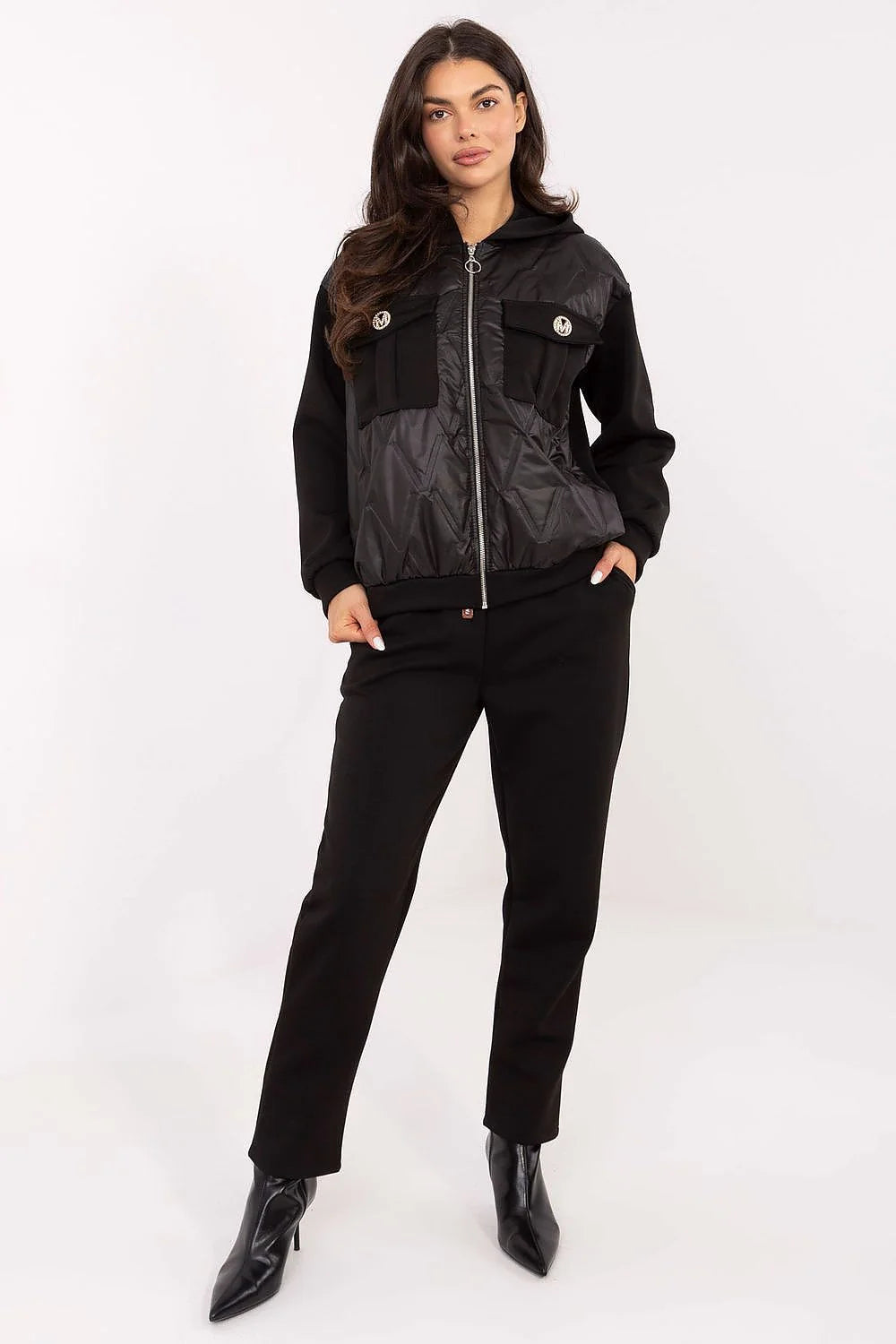 ensemble survêtement femme élégant sweat capuche zip poches broche pantalon taille haute fuselé matelassé nylon molleton viscose stretch confortable chic