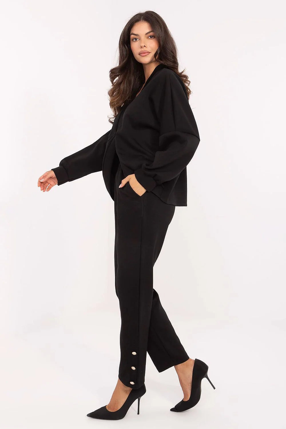 ensemble casual femme confortable élégant viscose stretch toucher beurre pull boutons décolleté V manches longues pantalon taille haute