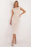 Robe de soirée élégante longueur midi sans manches encolure ronde épaules structurées Italie Moda pour femmes