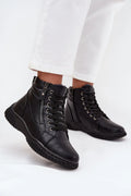 bottines montantes femme simili cuir noir bout rond laçage œillets fermeture éclair latérale doublure fourrure synthétique semelle crantée