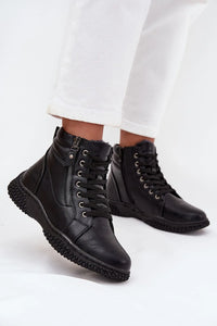bottines montantes femme simili cuir noir bout rond laçage œillets fermeture éclair latérale doublure fourrure synthétique semelle crantée