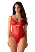 body Aliosa rouge sexy sophistiqué dentelle satinée brillante bonnets armature plongeants rembourrés bretelles ajustables découpe souspoitrine taille gainante string pushup