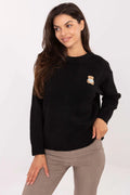 pull femme noir maille douce duveteuse coupe droite manches longues col rond brodé ourson poitrine casual chic hiver laine viscose