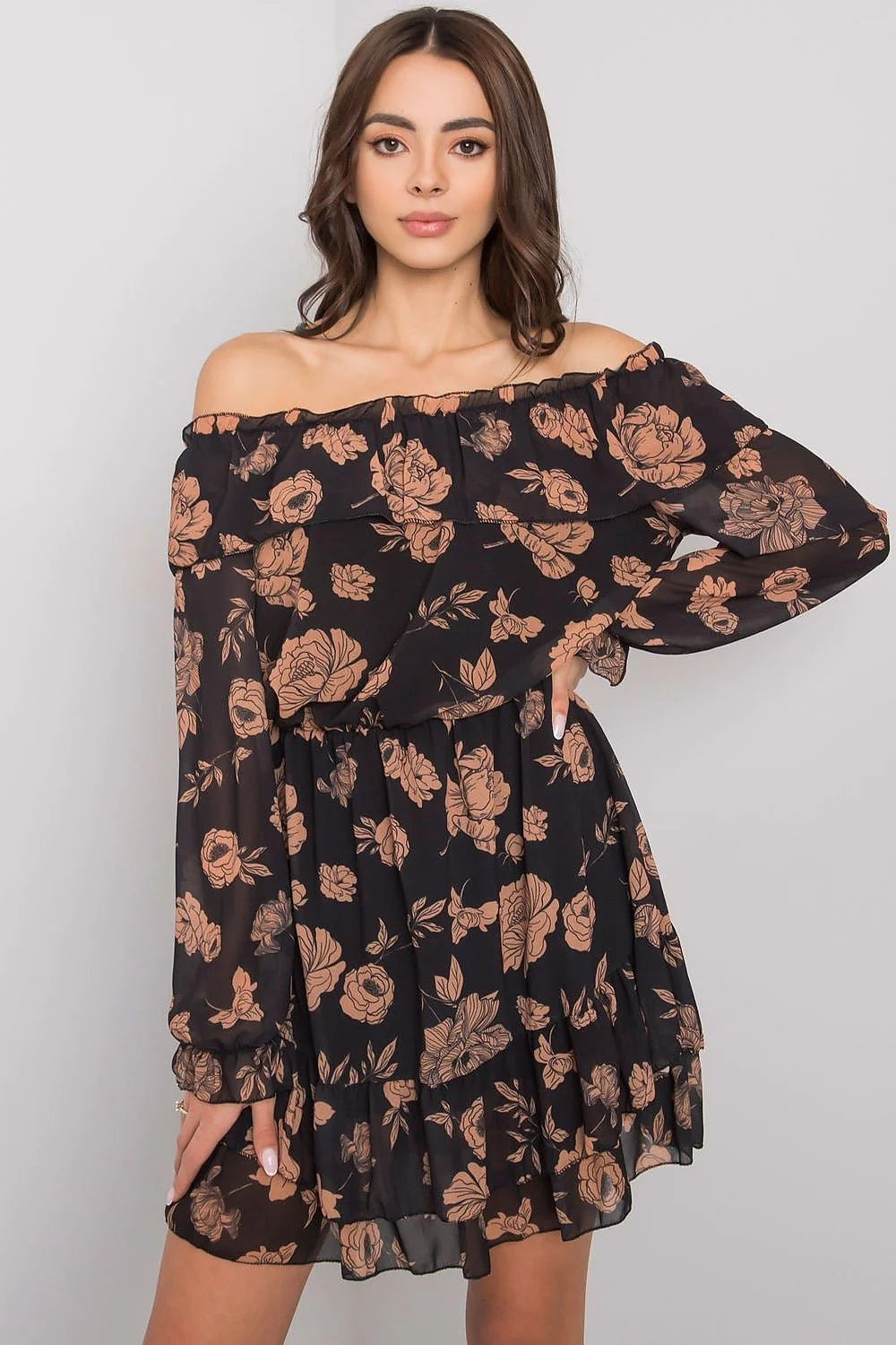 Robe de jour Italy Moda style espagnol décolleté Bardot manches longues élasthanne polyester viscose taille universelle 85 cm 92 cm