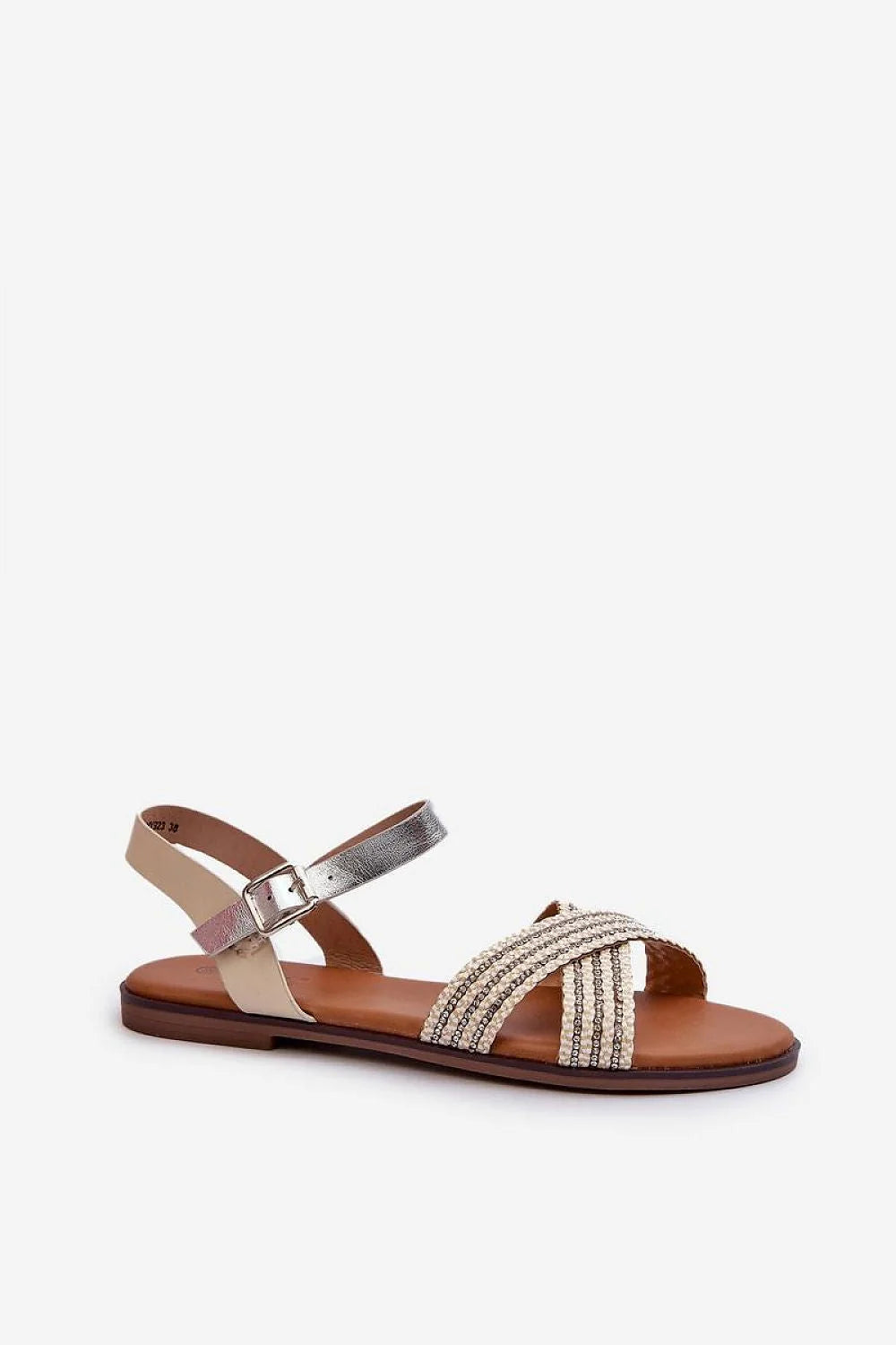 sandales élégantes femme cuir artificiel design ouvert brides croisées perles beige argentées ajustables chaîne cheville semelle rembourrée confort