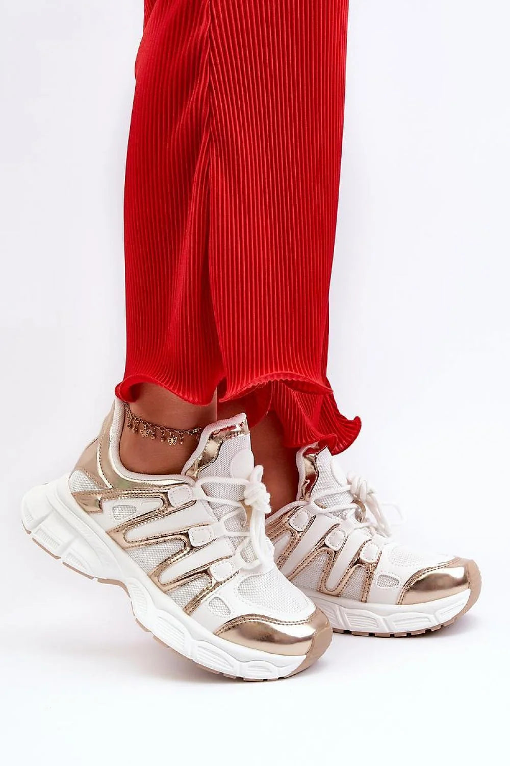 Chaussures de sport modernes style élégant semelle épaisse blanche maille dorée métallique respirante durabilité femmes