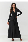 robe longue noire manches longues décolleté cœur profond drapé taille plis subtils jupe évasée fente fluide stretch élégante