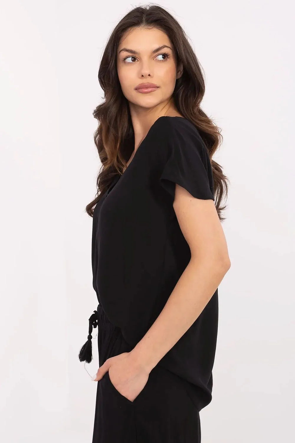 chemisier Sublevel viscose aérée douce col V manches courtes bouffantes fluide ample drapé brillant noir polyvalent casual chic