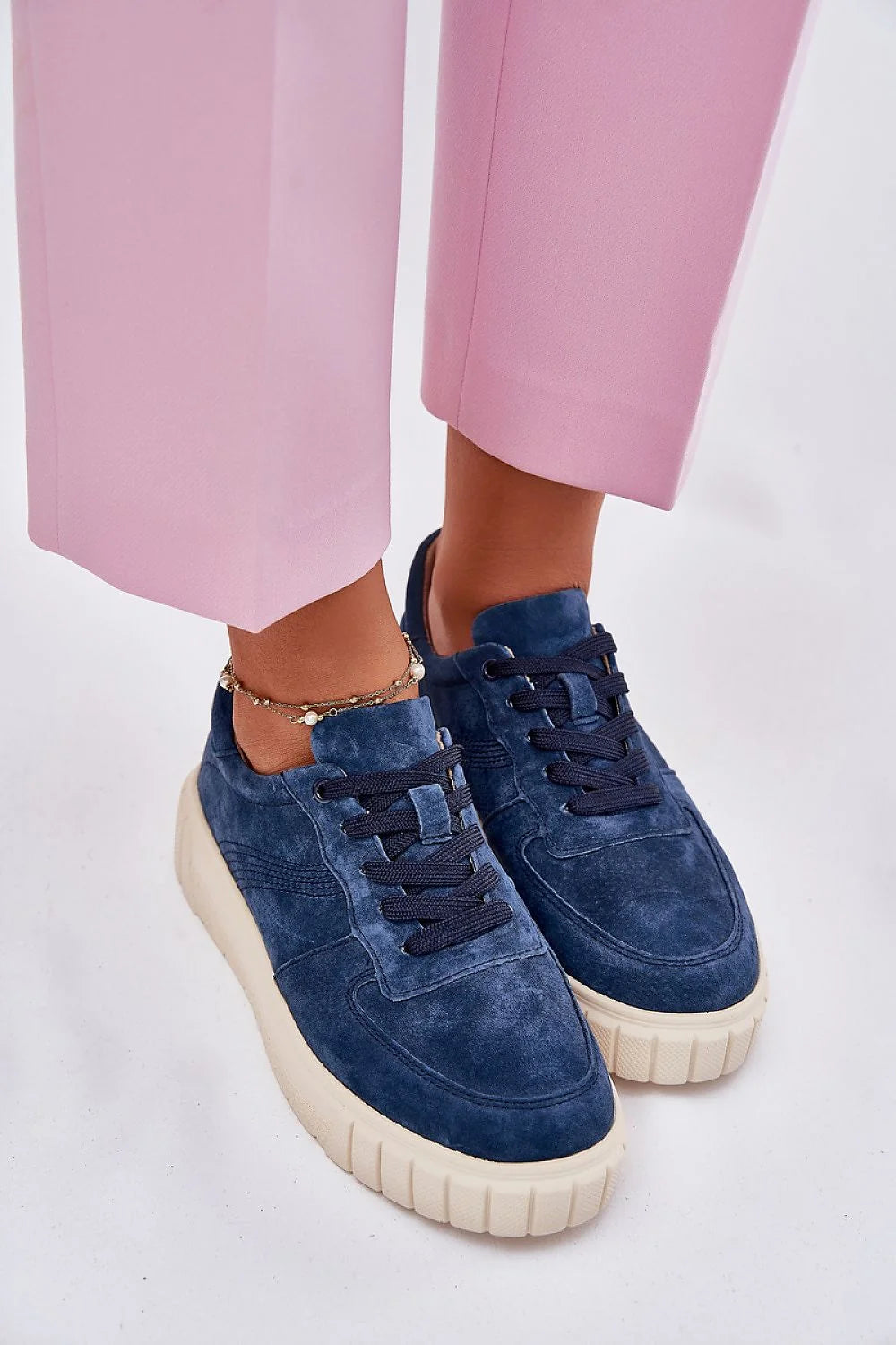 Chaussures de sport pour femmes style urbain cuir suédé bleu marine plateforme 3.5cm tige 6cm confort