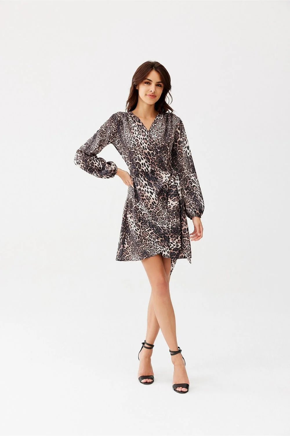 Robe de jour Roco Fashion motif léopard longue manches longues col V élégante mode féminine