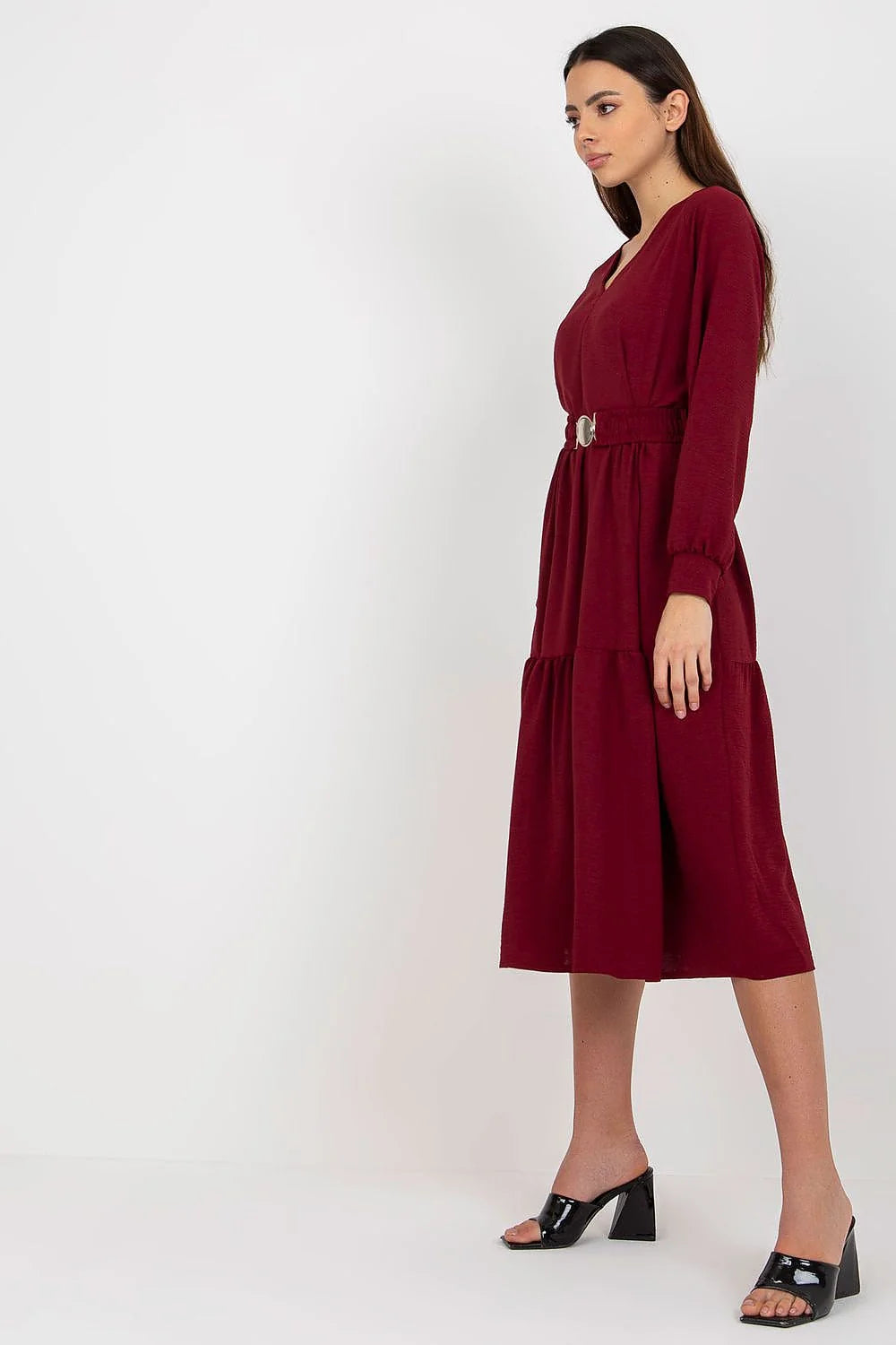 Robe casual femme marron camel V-neck ruffles ceinture longues manches amples coupe fluide mode élégante