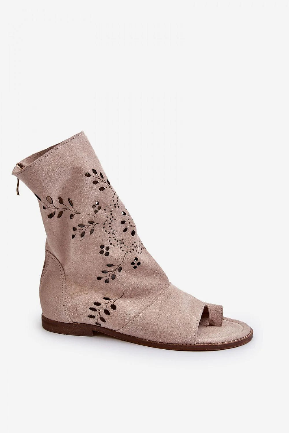 bottines femme bohème ouvertureorteils motifs floraux daim suédine beige semelle cuir talon1cm ajourées perforations décoratives fermeturezippée respirantes printanières